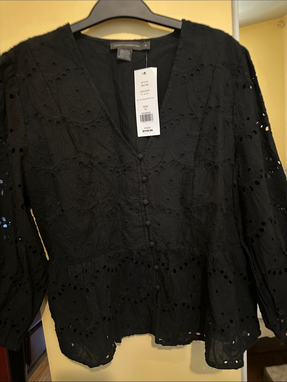 French Connection Black Eyelet Peplum Button-Front Blouse